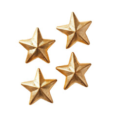 Obraz premium Four golden metallic stars arranged in a cluster on a white background, perfect for festive decorations and design projects. transparent background.