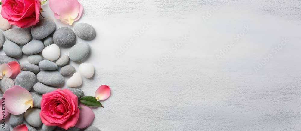 Poster spa-themed background with sea pebbles and rose petals on a neutral mat with copy space image.