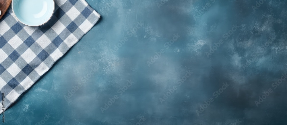 Poster blue stone table with a light plate set on a blue checkered tablecloth, providing an ideal backgroun