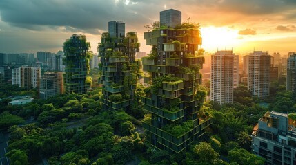 Obraz premium Design a futuristic cityscape with green skyscrapers, vertical gardens, and renewable energy sources reducing urban carbon footprint