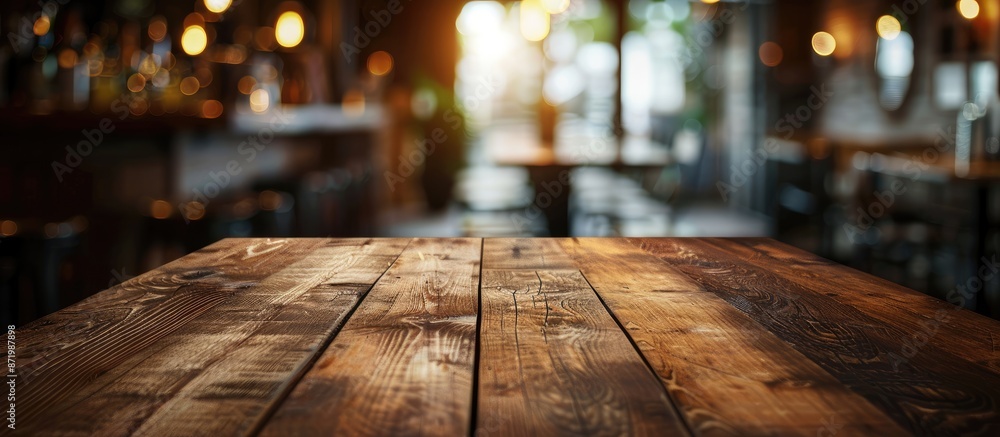 Fototapete brown wooden table with shallow depth of field in a cafe setting, suitable as a copy space image for