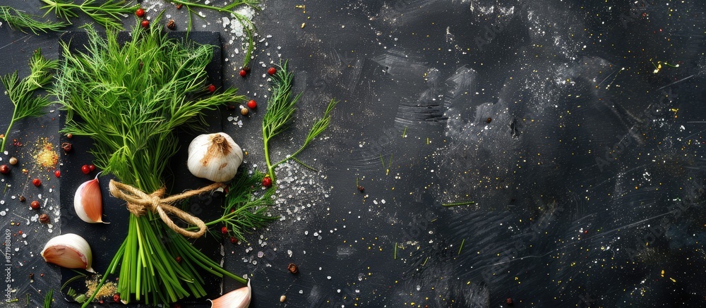 Aufkleber Top-down view of a bundle of fresh dill tied with a decorative rope and bow, surrounded by a blend of garlic and various spices on a black board, featuring copy space image.