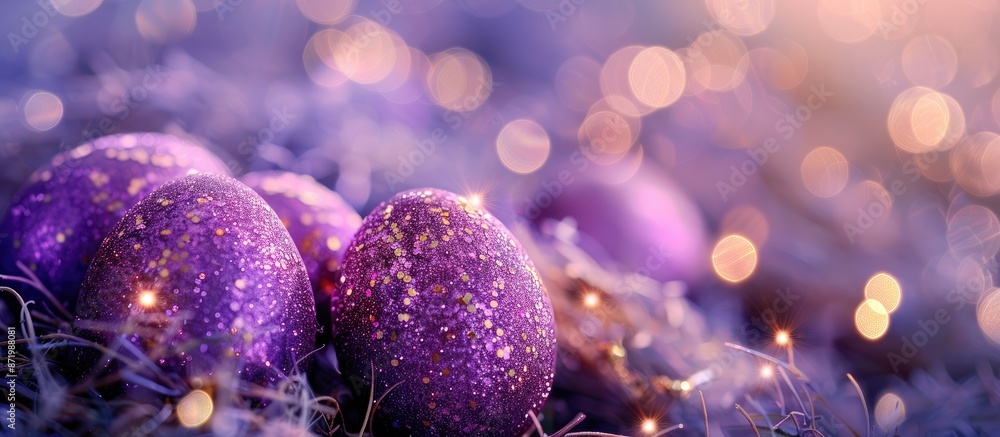 Poster easter eggs adorned with shiny purple sparkles in a close-up copy space image.