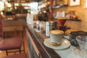 Coffee cup on a counter in a cozy, blurred cafe background.
