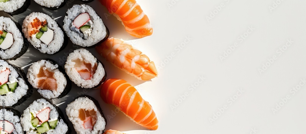 Poster a close-up studio shot of freshly made sushi with gentle shadows on a white backdrop. includes a cop