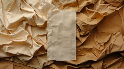 A piece of light fabric placed on a background of crumpled fabric in warm beige and brown tones. The textures and folds create an interesting visual effect and add depth to the image