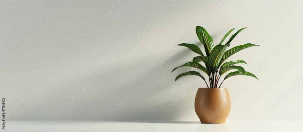 Poster a houseplant in a pot is highlighted on a white backdrop with empty space around it for inclusion of