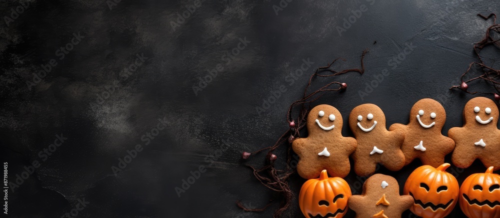 Aufkleber gingerbread cookies shaped as pumpkins and vampire gingerbread men for halloween on a dark concrete 