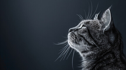 Black and white photo of a cat head on a dark background, side view. The cat is looking up at the sky. Black silhouette of a cute kitten. Minimalist style.


