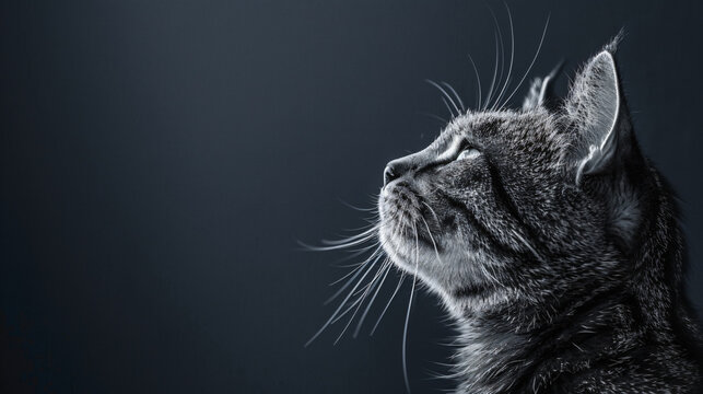 Black and white photo of a cat head on a dark background, side view. The cat is looking up at the sky. Black silhouette of a cute kitten. Minimalist style.


