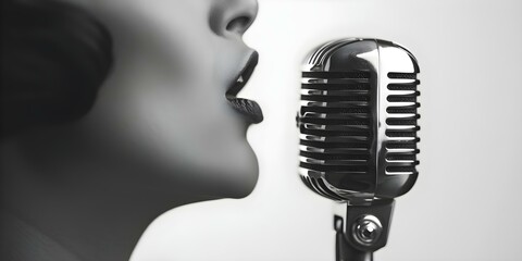 Female announcer creating flat design side view microphone illustration in black and white. Concept Flat Design, Side View, Microphone Illustration, Female Announcer, Black and White