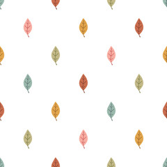 Cute retro leaves seamless vector pattern. Floral Scandi design. Vintage hand drawn background for kids room decor, nursery art, gift, fabric, textile, wrapping paper, wallpaper, packaging, apparel.