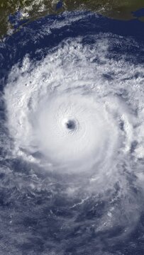 A fictional satellite vertical view of a large hurricane spinning over the warm ocean. Modified hurricane image courtesy of NOAA.GOV.  	