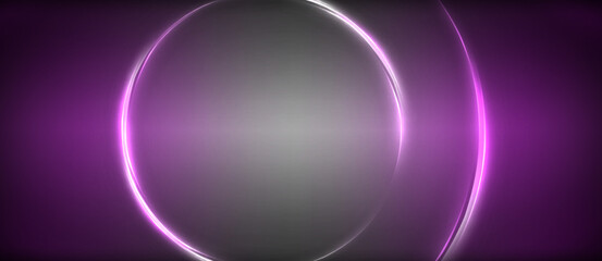 Neon glowing circle rays, light round lines in the dark, planet style neon wave lines. Energetic electric concept design for wallpaper, banner, background