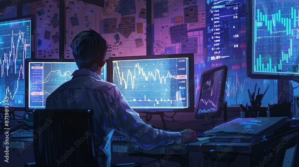 Poster A man sits in front of a computer screen, analyzing stock market data. The room is dimly lit, creating a sense of focus and intensity.