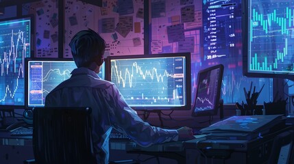 A man sits in front of a computer screen, analyzing stock market data. The room is dimly lit, creating a sense of focus and intensity.