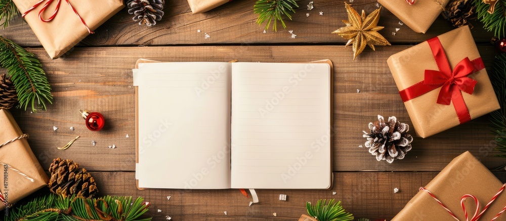 Poster White table showcasing a notebook surrounded by gifts, with ample copy space image available.
