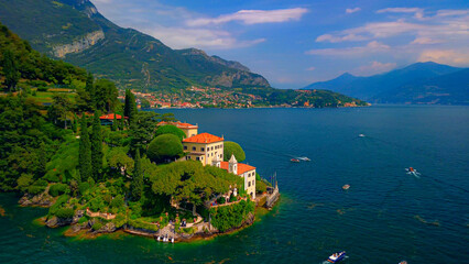 Aerial view of the luxury Villa Balbianello with terraced gardens, on the rocky wooded peninsula of Lavedo on Lake Como, panorama, picturesque residence. Green Planet. Nature. Lenno Italy 12.07.2024