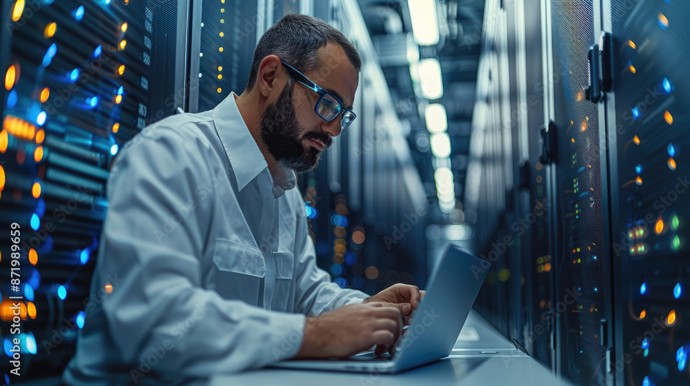 Aufkleber an engineer maintains server equipment with a laptop in a bright room. his task is to improve inform
