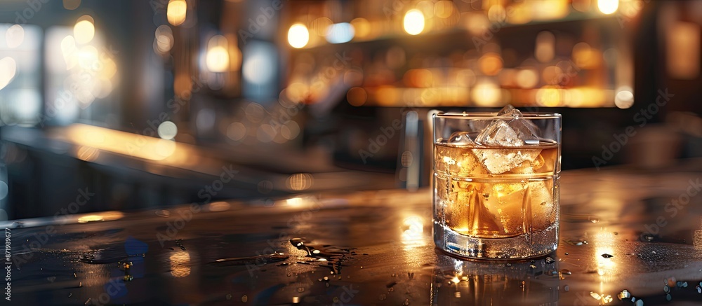 Poster Whisky on the rocks cocktail in a close-up shot on a bar counter with a background suitable for adding text or graphics - copy space image.