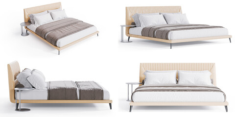 Modern Elegance: Bed for Stylish Living Spaces  white background bedroom furniture architectural visualization interior shadow 3d render multiple view