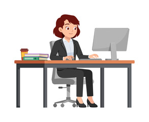 happy woman employee sit in desk working on office with computer