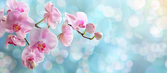 Fototapeta premium Banner with copy space image featuring pink orchid branches set against a blue bokeh background.
