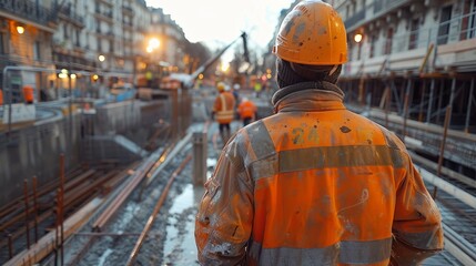 Engineer inspecting the quality of concrete work on a building site, construction workers nearby.
