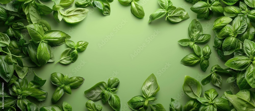 Poster fresh basil leaves arranged in a frame on a colored surface with a copy space image.