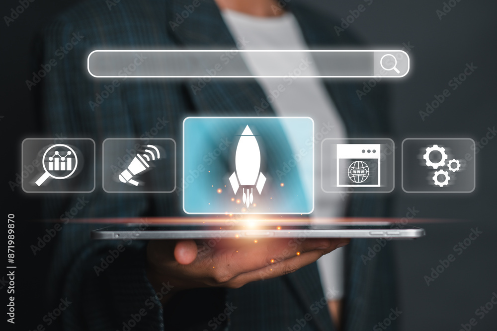 Aufkleber digital illustration of search engine optimization concept with icons and rocket symbol on tablet, r