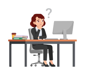 woman employee sit think in desk working on office with computer and question mark