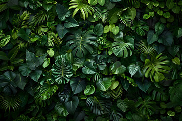 Dark green plants growing in a lush foliage background of tropical leaves like anthurium, epiphytes, or ferns, forming a beautiful green plant wall design in a cloud forest.