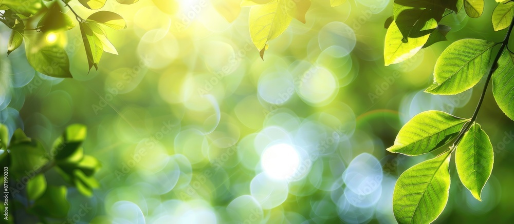 Poster Sunny summer bokeh background with green leaves, perfect as a copy space image.