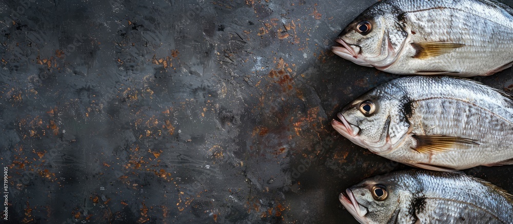 Poster Sea bream fish displayed on a dark background with ample copy space.