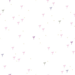 Seasonal floral seamless vector pattern with cute hand drawn plants. Scandinavian style design. Fun background for apparel, fabric, wallpaper, textile, packaging, card, gift, cover, wrapping paper.