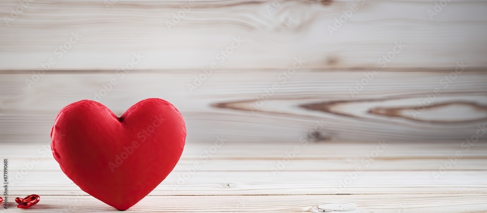 Poster Valentine's Day concept with a red heart on a white rustic wooden background, creating a soft focus effect, ideal for images with copy space.