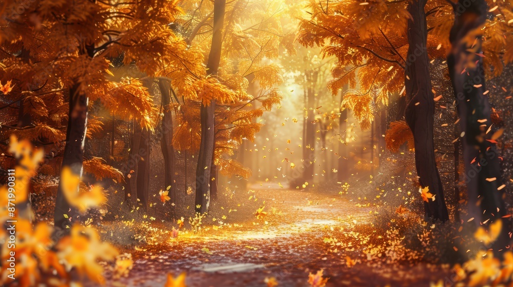 Poster a serene autumn forest scene with vibrant leaves falling gently, a winding path covered in golden fo