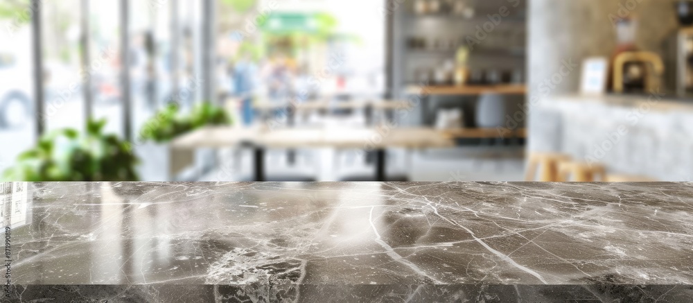 Poster Empty table space with a grey Emperador marble stone tabletop on a blurred cafe minimal kitchen counter in a bright color mood for product display with copy space image.