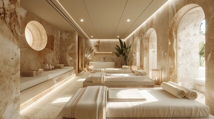 Obraz premium A serene spa treatment room with soft lighting, plush massage tables, and luxurious towels, offering a tranquil and relaxing atmosphere.