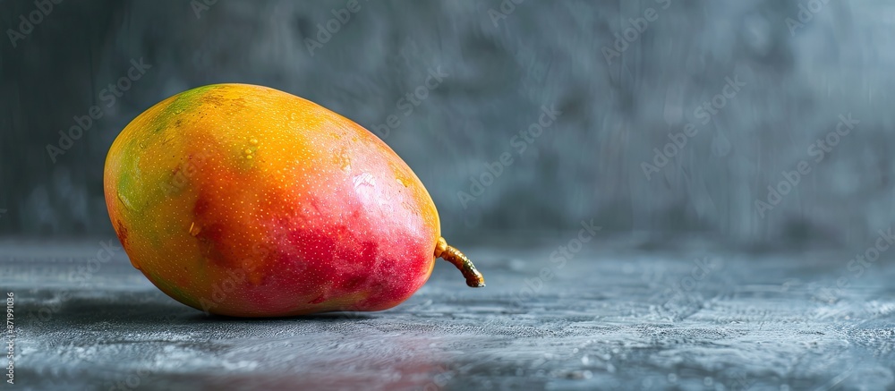 Poster Close-up shot of a honey mango with gray background and copy space image, highlighting the tropical fruit with a studio display and selective focus.