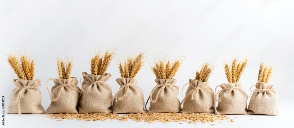 Poster white background with copy space image featuring bags filled with wheat flour.