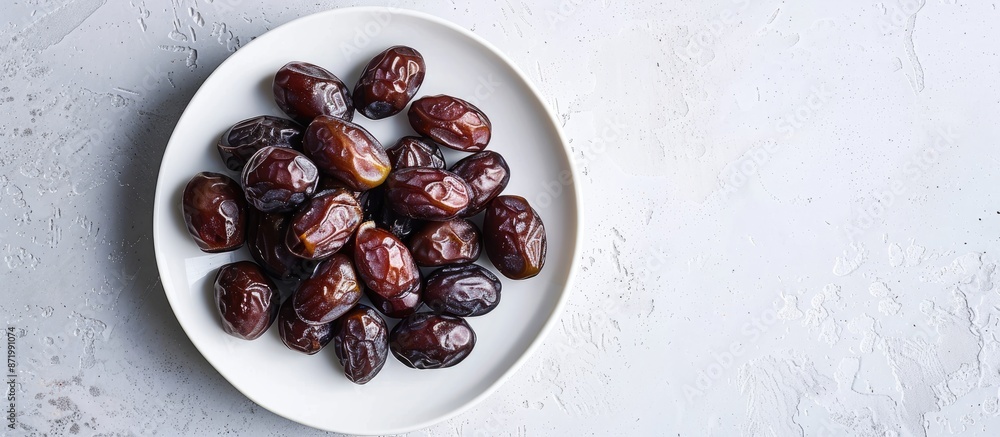 Poster fresh dates displayed on a white plate against a white background with ample copy space image.