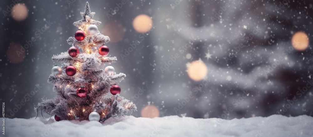 Poster festive christmas tree adorned with silver and red ornaments, surrounded by a snowy effect with a so