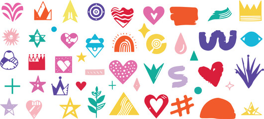 Abstract element shape set. Color graphic modern abstract sticker element. Doodle geometric collage star, crown, heart shape set. Hand drawn texture grunge brush modern effect. Vector illustration