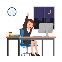 woman employee work overtime at night, feeling sleepy and sit in desk working on office with computer