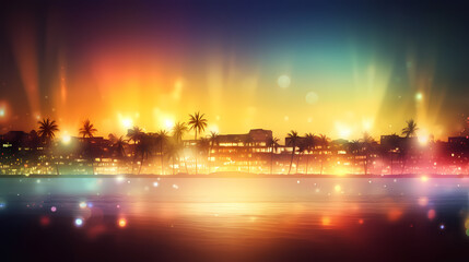 Naklejka premium Summer holidays sunset with defocused lights vector image