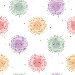 Colorful smiling suns with polka dots cute seamless pattern. Vector hand drawn Easter illustration. Fun spring background for wrapping paper, packaging, gift, fabric, wallpaper, textile, apparel.