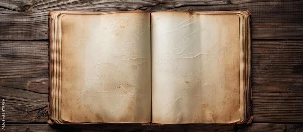 Poster there is a top-down view of an open book on the desk with blank sheets, suitable for a copy space im