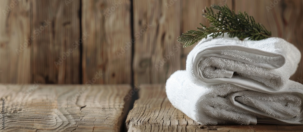 Poster Spa towels elegantly displayed on a wooden surface with inviting copy space image.