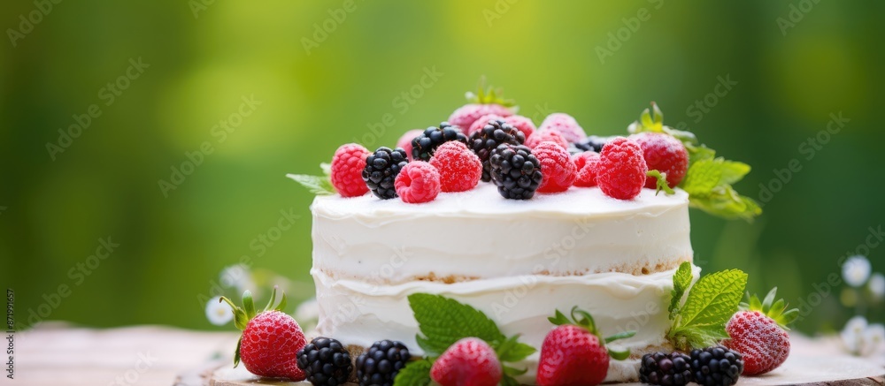 Poster high-quality photo of a white air cake adorned with berries and green sprigs in soft focus in the ba